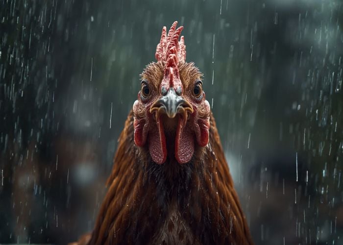 chicken wet in the rain storm